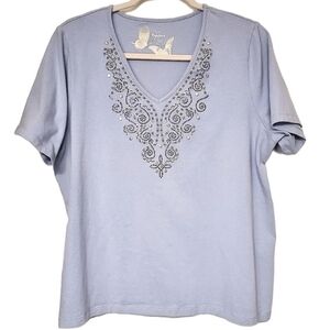 Tanjay V-Neck Embroidered T-Shirt Short Sleeves Casual Pullover Stretch Large